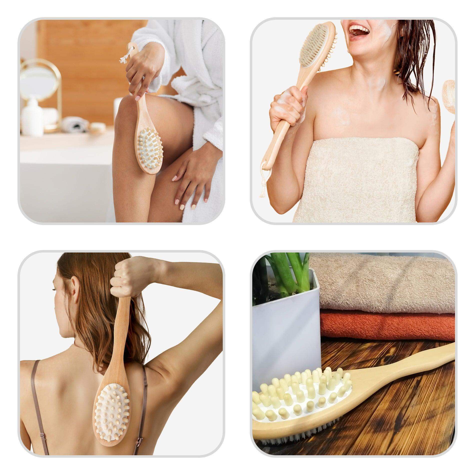 Four lifestyle images showing Careberry natural body brush used for leg massage, body exfoliation, back massage and with eco-friendly textiles.