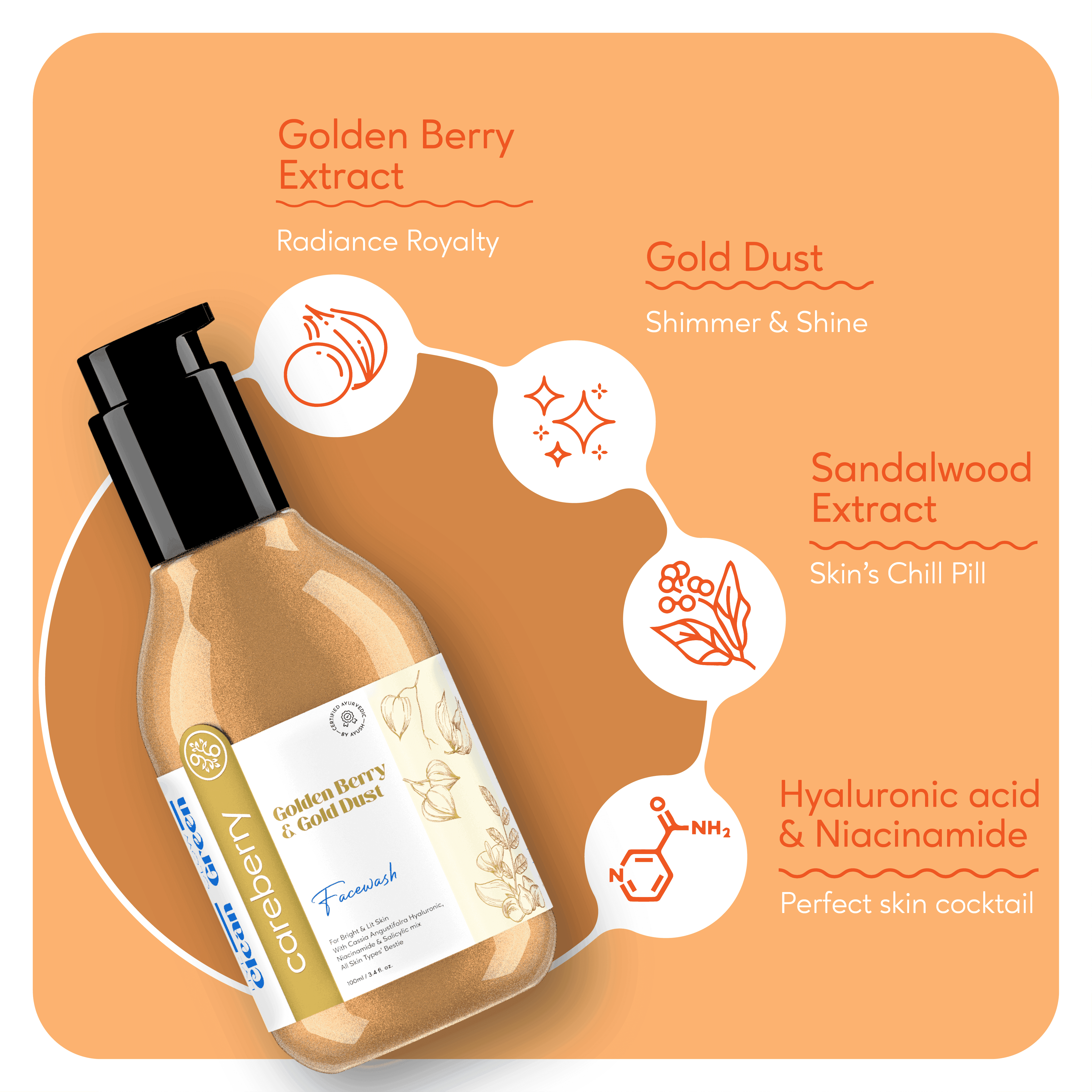 Careberry Golden Berry & Gold Dust face wash infographic showing Niacinamide, Salicylic Acid, Sandalwood, Honey, Aloe Vera benefits on blue background.
