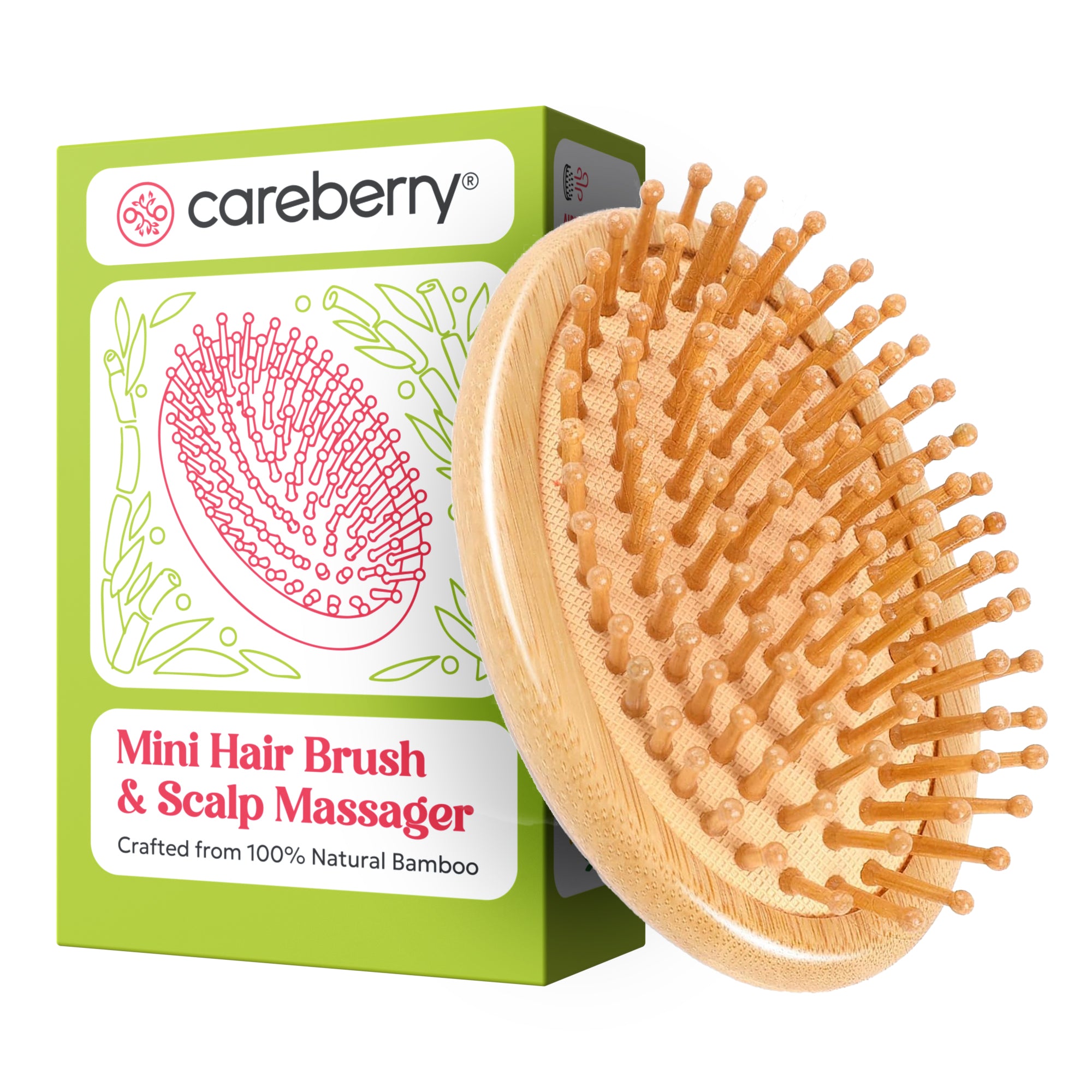 Careberry natural mini hair brush close-up showing dense wood bristles and branded bamboo handle on neutral background for scalp care.