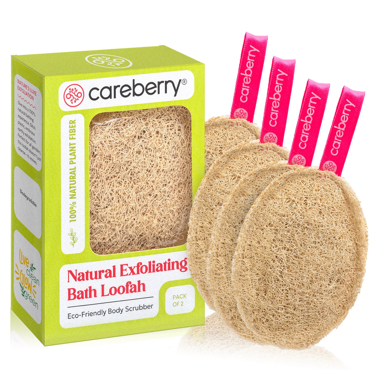 Careberry green boxed natural exfoliating bath loofah displayed beside four oval scrubbers with pink loops on reflective white studio background.