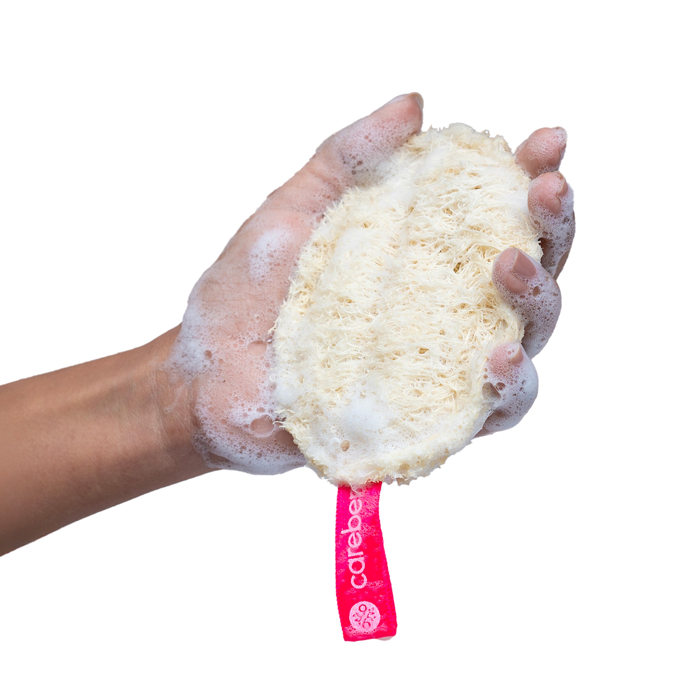 Hand holding foamy Careberry natural bath loofah in shower bathing usage image