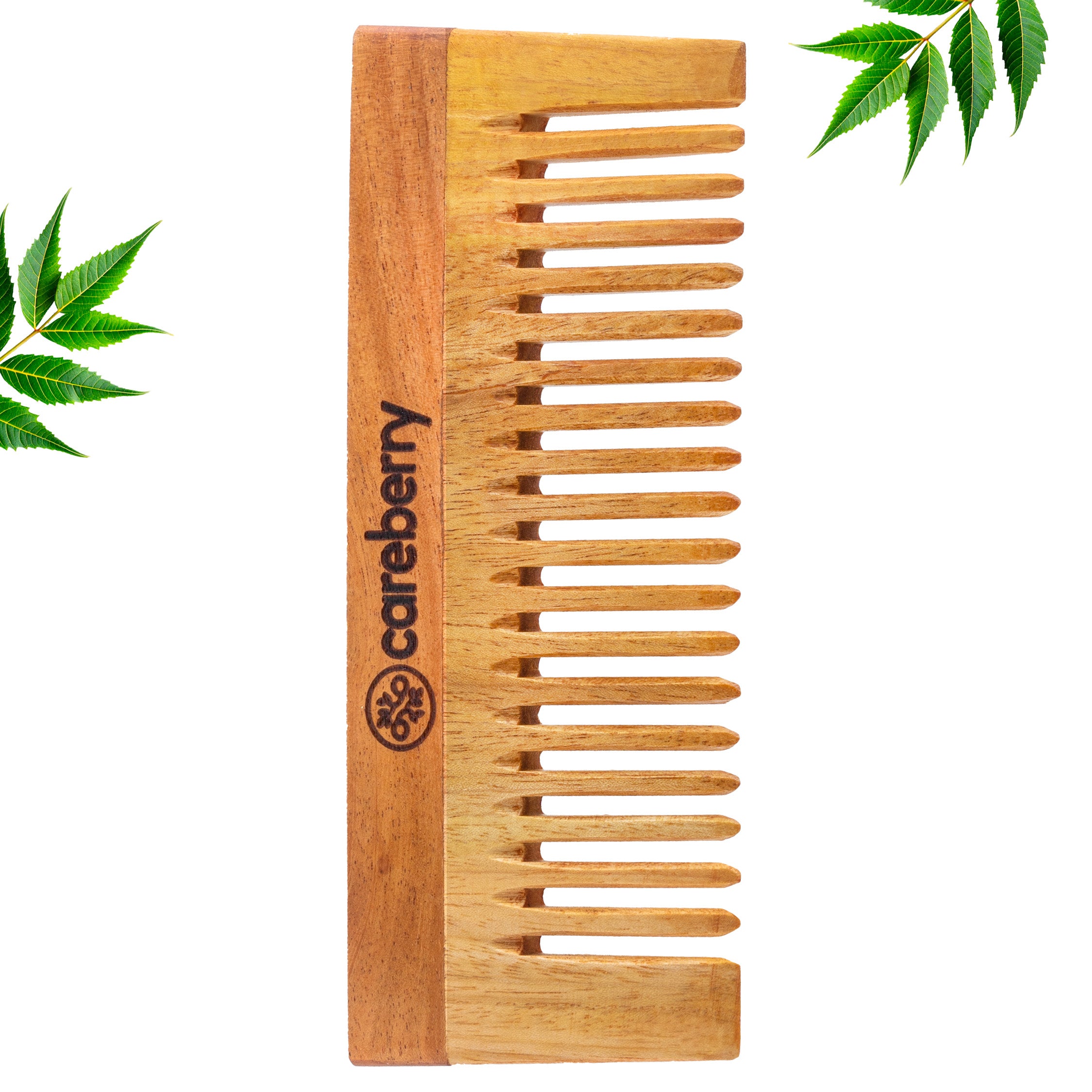Careberry wooden neem comb with fine-spaced teeth and branded handle centered on bright turquoise circular background, modern product display.