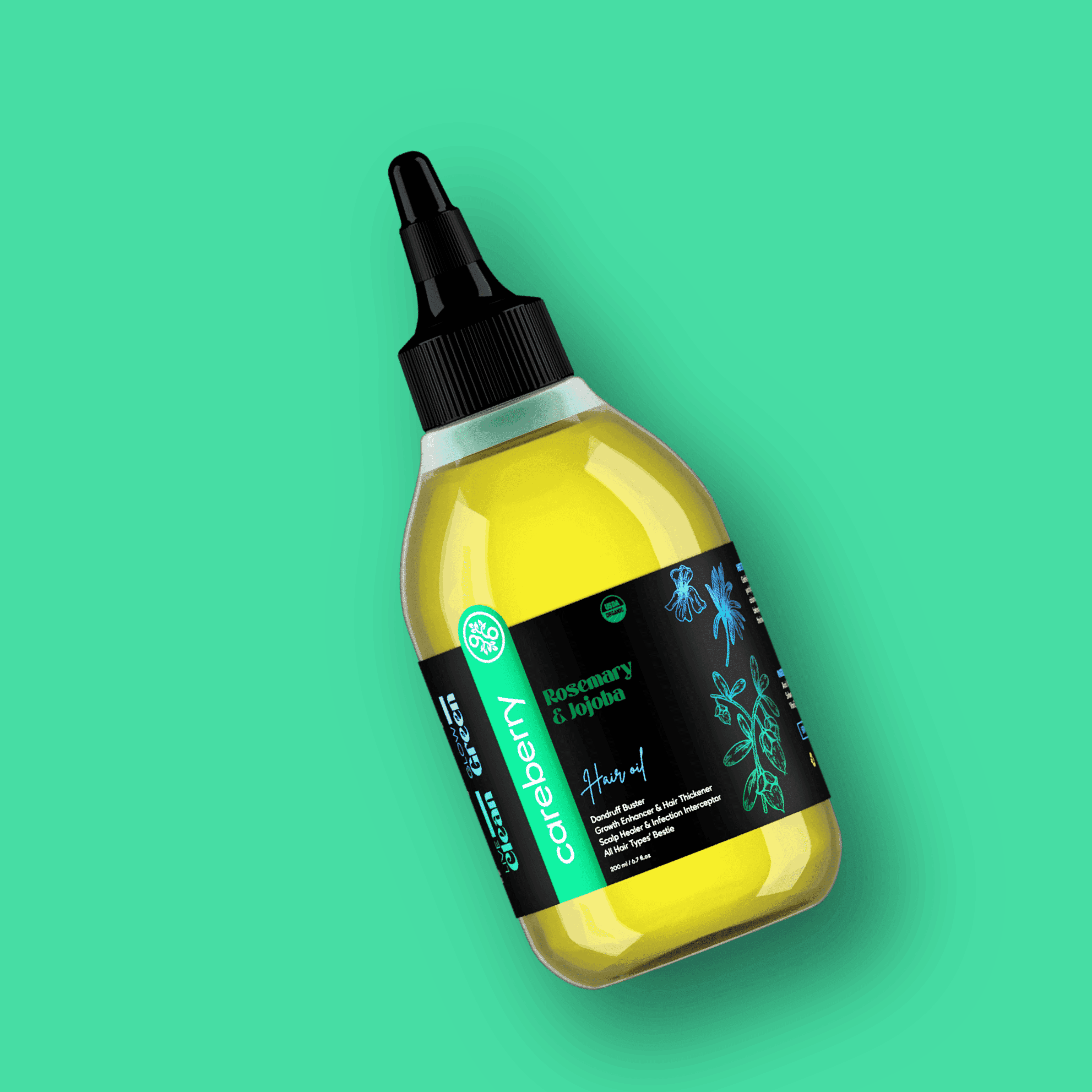 Tilted bottle of Careberry Rosemary & Jojoba hair oil on mint green background, herbal treatment for dandruff, flaky scalp, and promoting hair growth.