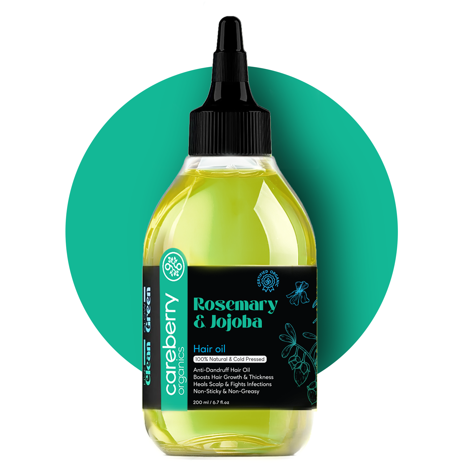 Close-up of Careberry Rosemary & Jojoba organic hair oil bottle, cold-pressed anti-dandruff and hair growth formula suitable for all hair types.