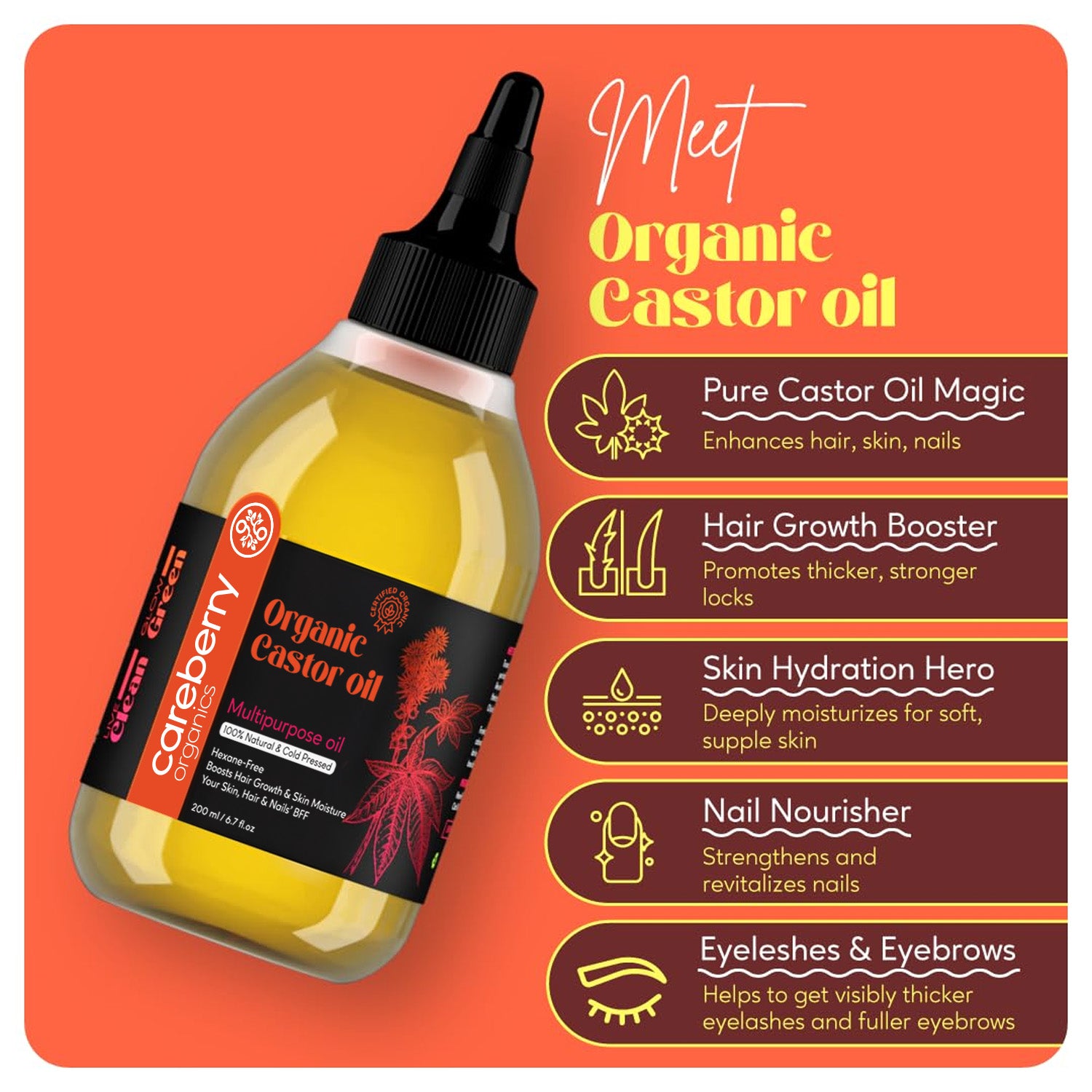 Careberry Organic Castor Oil With Scalp Massager