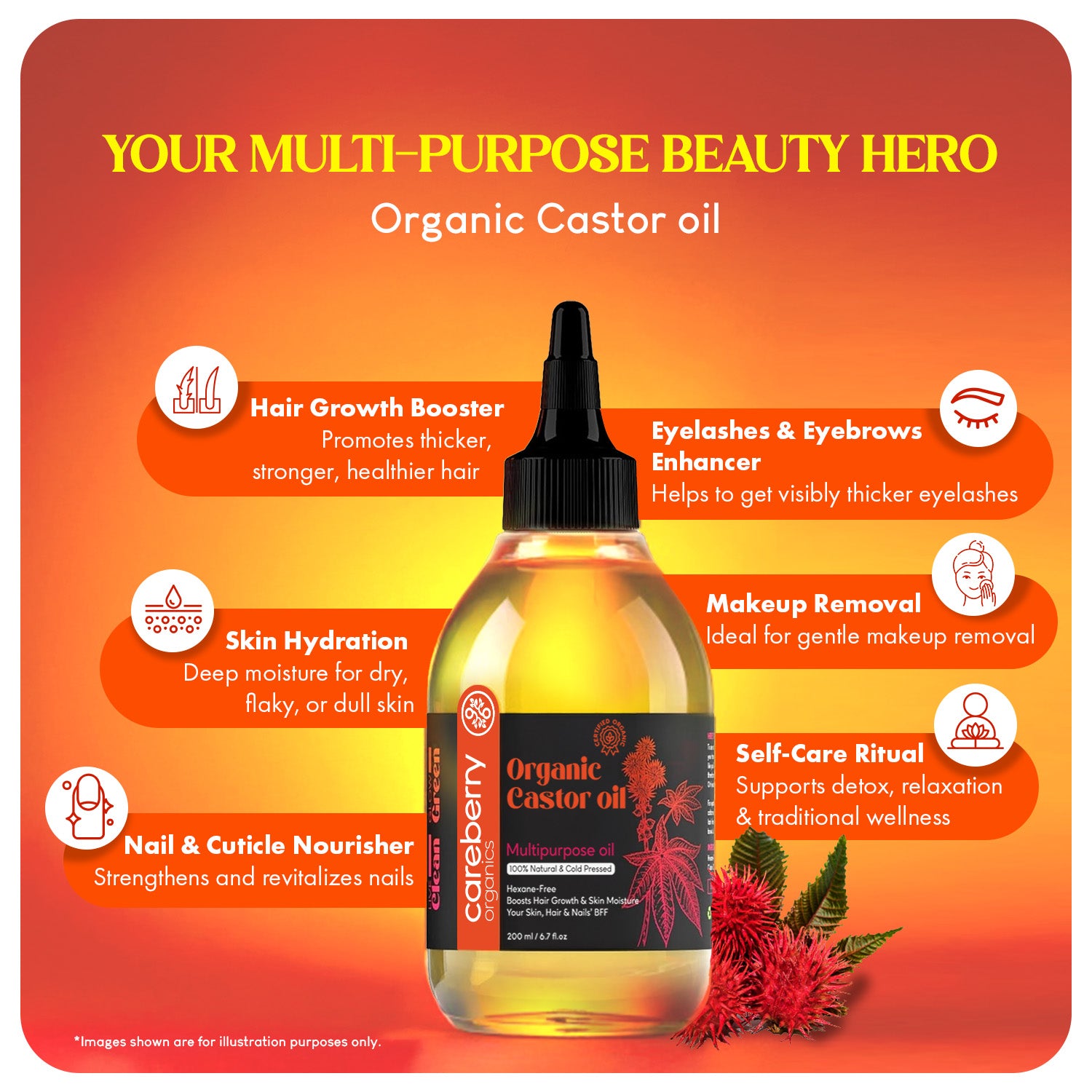 Careberry's Multi purpose castor oil benefits for daily use for hair growth and skin mositurzations