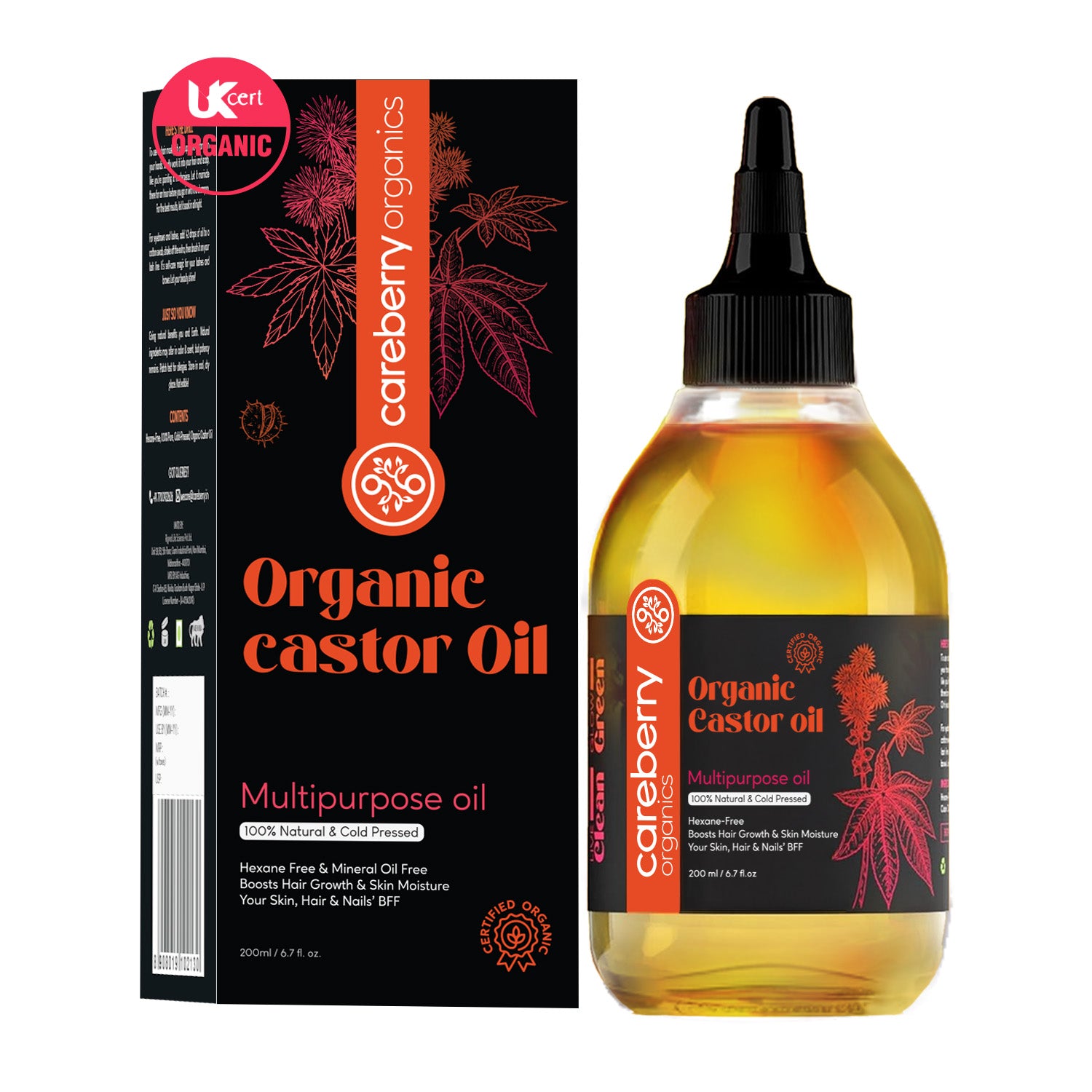 Careberry Organic Castor Oil bottle and box – 100% cold-pressed, hexane-free multipurpose oil for hair growth, eyebrows, eyelashes, skin and nails, UKCert certified organic.
