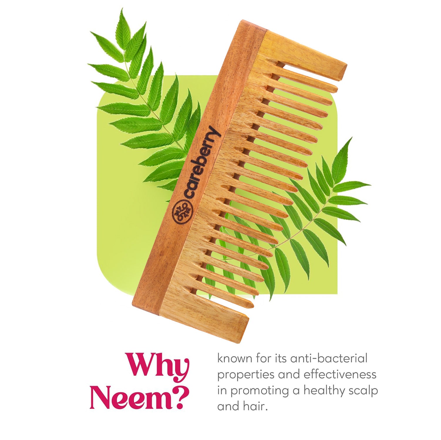Careberry neem wood comb with green neem leaves explaining its antibacterial properties and benefits for a healthy scalp and hair.