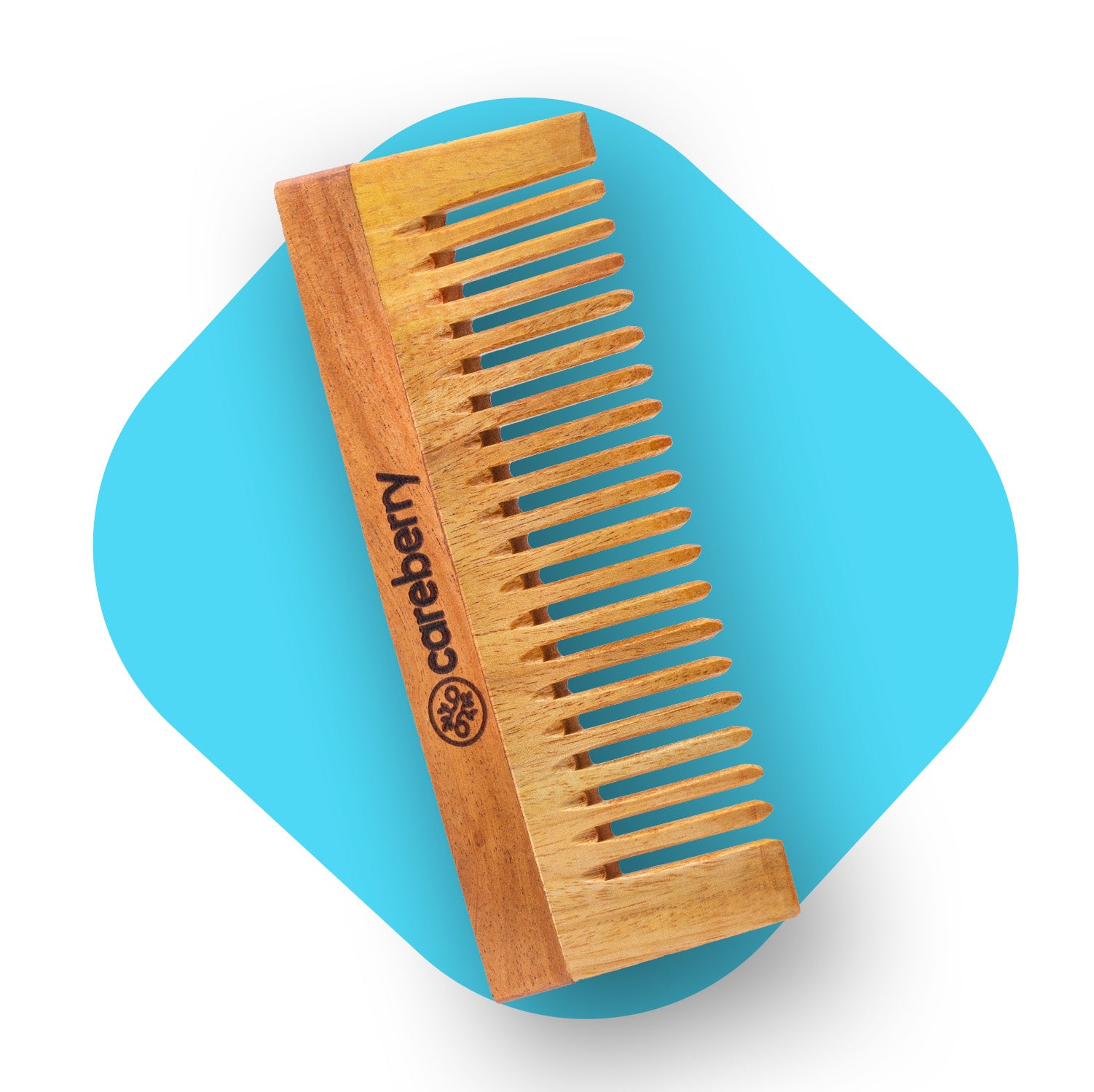 Careberry neem comb with fresh neem leaves on lime-green background and text "Why Neem?" highlighting anti-bacterial properties for healthy scalp and hair health benefits.