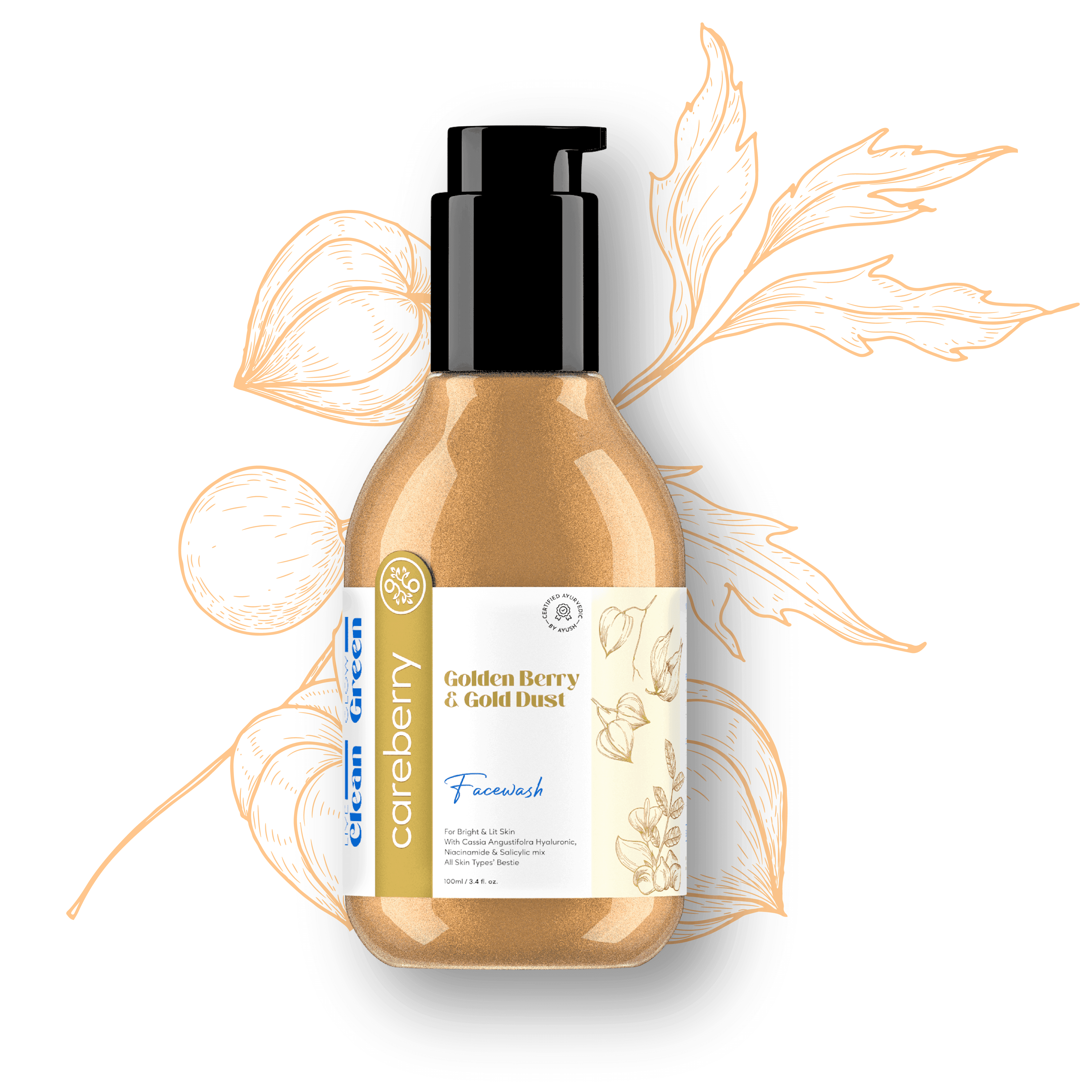 Careberry Golden Berry & Gold Dust face wash bottle with black pump and cream label on neutral background, natural Ayurvedic brightening cleanser.
