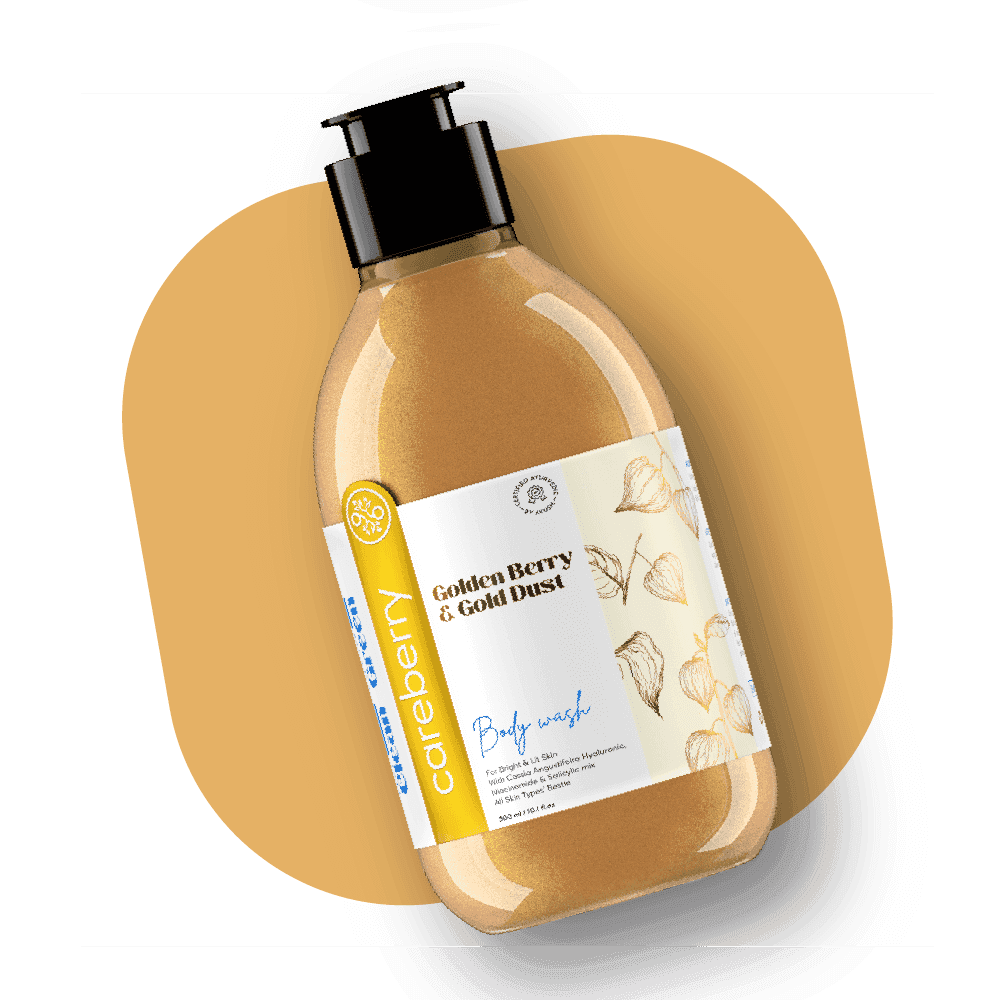 Careberry natural shower gel with Golden Berry extract infographic showing skin brightening benefits, gold shimmer, and luxurious shower experience on lifestyle background.
