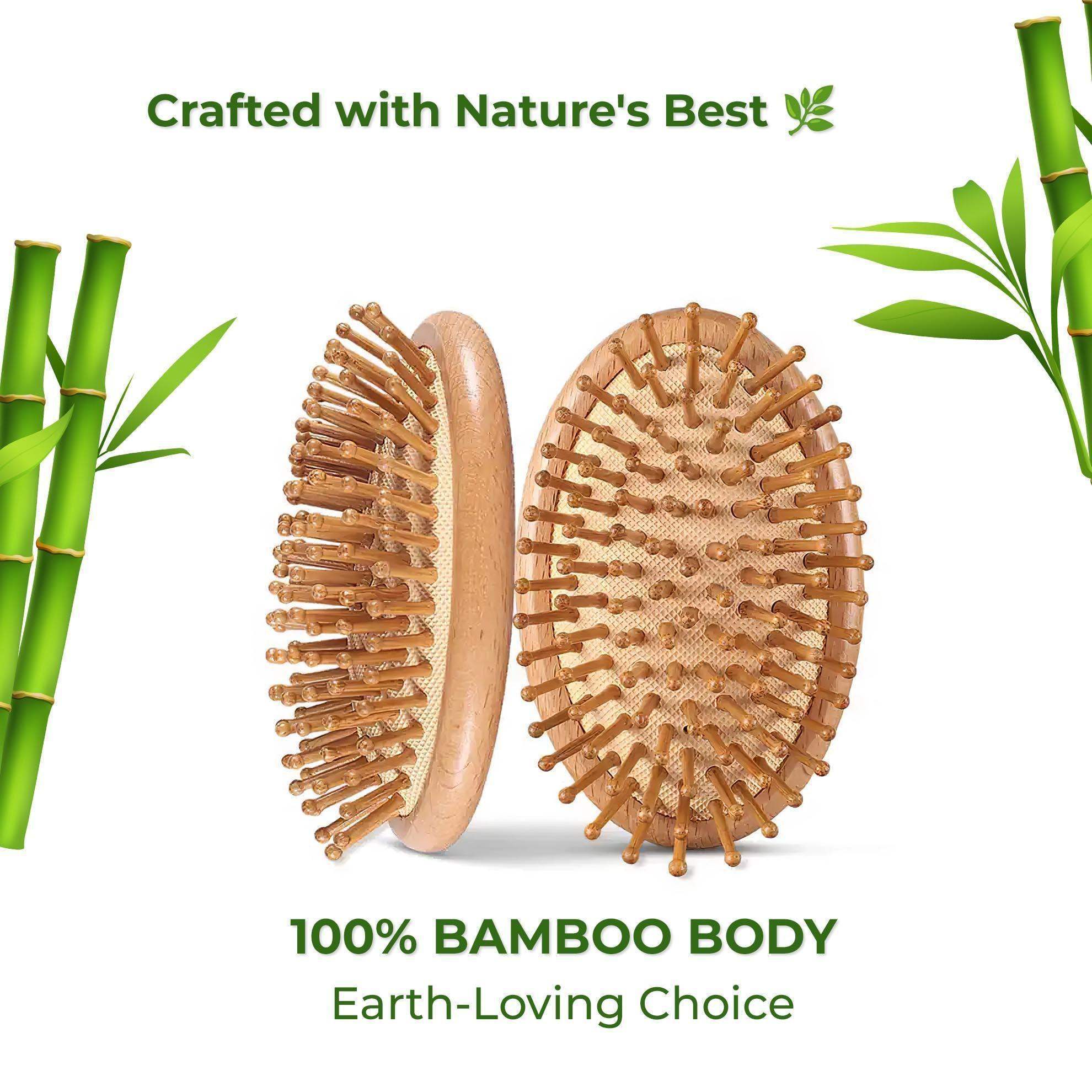 Careberry natural mini bamboo hair brush showing both sides with soft bristles and stiff bristles for versatile hair care on neutral background.