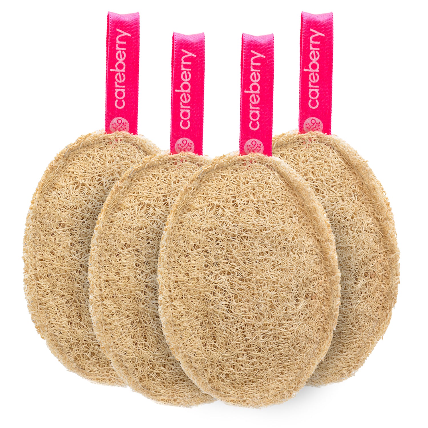  Four oval Careberry natural exfoliating bath loofahs standing side by side with bright pink branded hanging loops on white background.