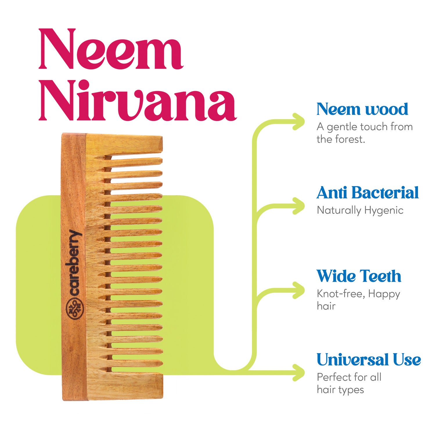 Neem wood wide-tooth comb by Careberry with anti-bacterial benefits, gentle on scalp, knot-free combing, suitable for all hair types.