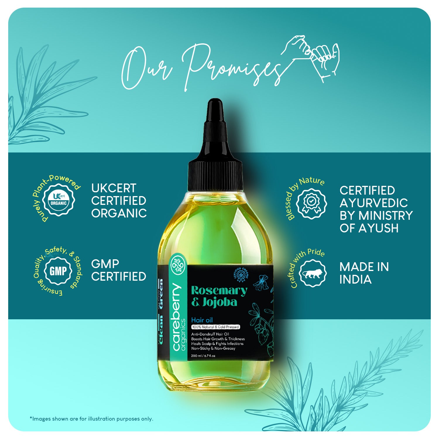 Careberry Rosemary and Jojoba Hair Oil shown with UKCERT Organic, GMP Certified, and AYUSH Ayurvedic approvals, highlighting purity and safety.
